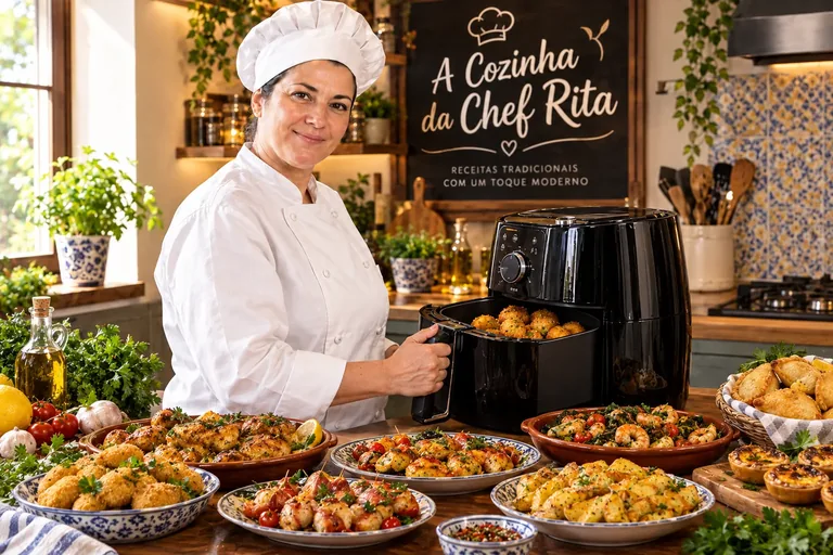 Chef Rita com a Air Fryer e pratos portugueses