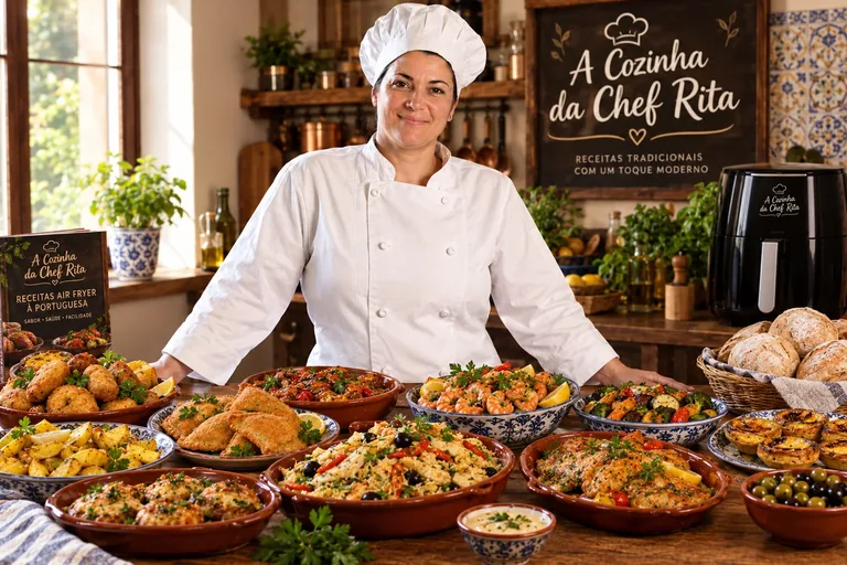 Chef Rita com uma mesa de sabores portugueses